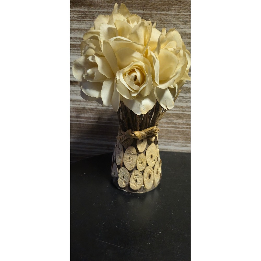 Cream Faux Rose Floral Arrangement in Rustic Wood Slice Base Farmhouse Decor